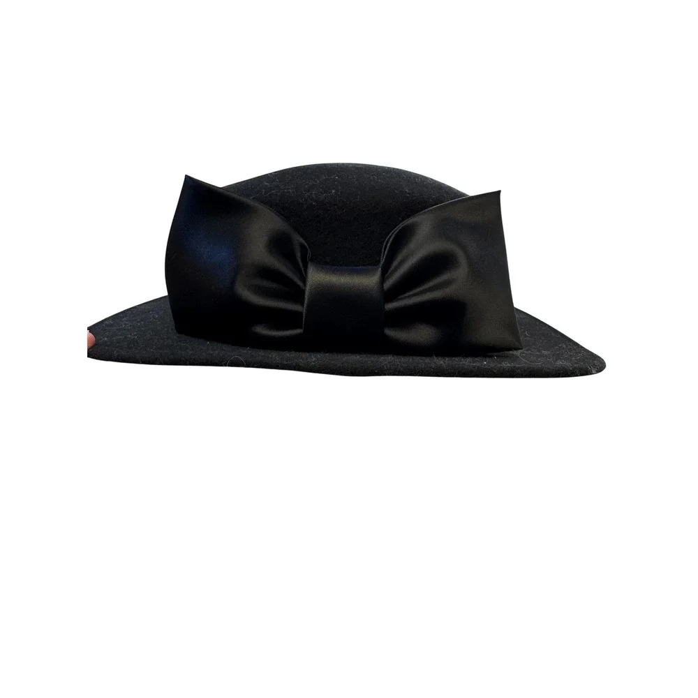 Michael Howard Vintage Black‎ 100% Wool Pillbox Hat Oversized Satin Bow Made USA